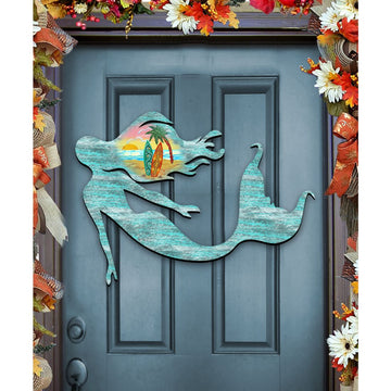 Mermaid Coastal Door Hanger - Handcrafted Wood Wall Decor