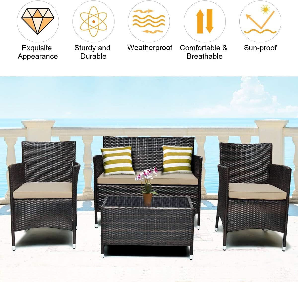 4-Piece Outdoor Rattan Conversation Set with Cushions-4