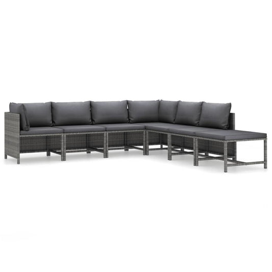 7-Piece Patio Lounge Set with Cushions, Gray Poly Rattan