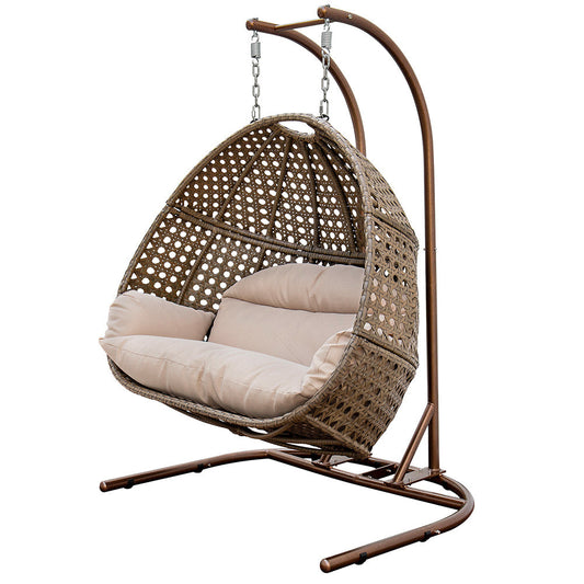 Brown Wicker Hanging Double-Seat Swing Chair with Stand