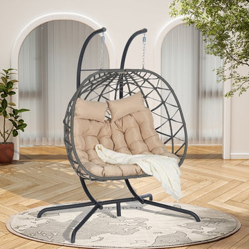 Double Hanging Egg Chair with Stand, Wicker Rattan