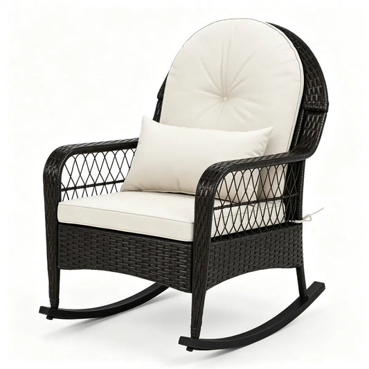 PE Wicker Patio Rocking Chair with Cushions - White
