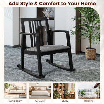 Solid Rubber Wood Rocking Chair with Linen Cushion, Black