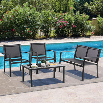 Dark Grey 4-Piece Outdoor Patio Conversation Set with Glass Table