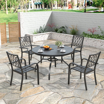 5-Piece Round Patio Dining Set with 47-Inch Wood-Grain Slat Table and