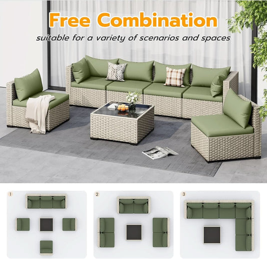 7-Piece PE Wicker Patio Sectional Sofa Set with Glass Table, Green