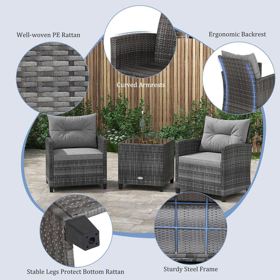 3 Piece Patio Furniture Set Outdoor PE Rattan Conversation Set With Washable Cushions And Tempered Glass Table Grey-2