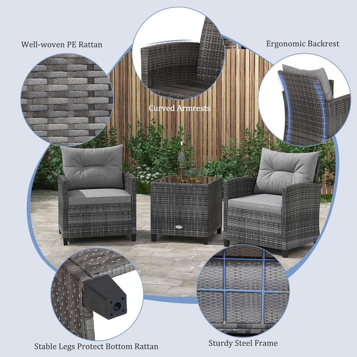 3 Piece Patio Furniture Set Outdoor PE Rattan Conversation Set With Washable Cushions And Tempered Glass Table Grey-2