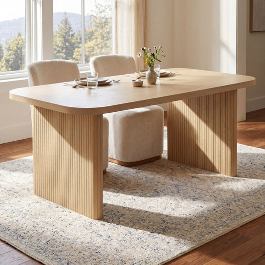 Natural Oak Veneer Dining Table with Ribbed Legs, 68 in