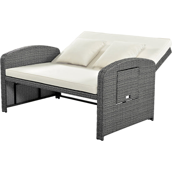 Wicker Double Chaise Lounge — two-person reclining wicker loungers with cushions and middle table