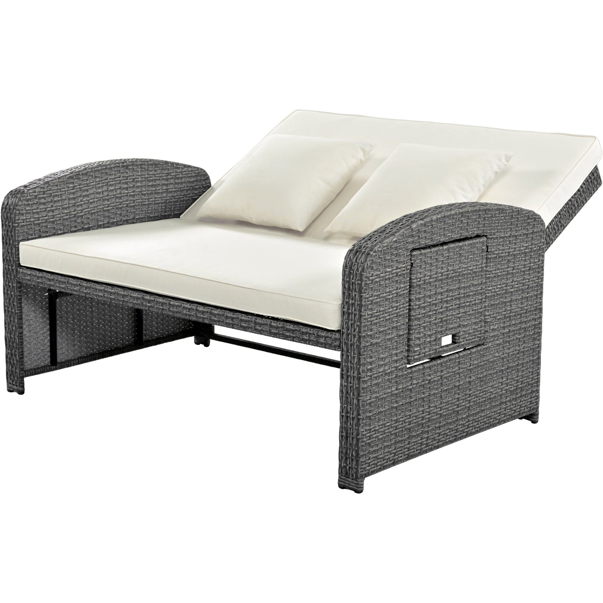 Wicker Double Chaise Lounge — two-person reclining wicker loungers with cushions and middle table
