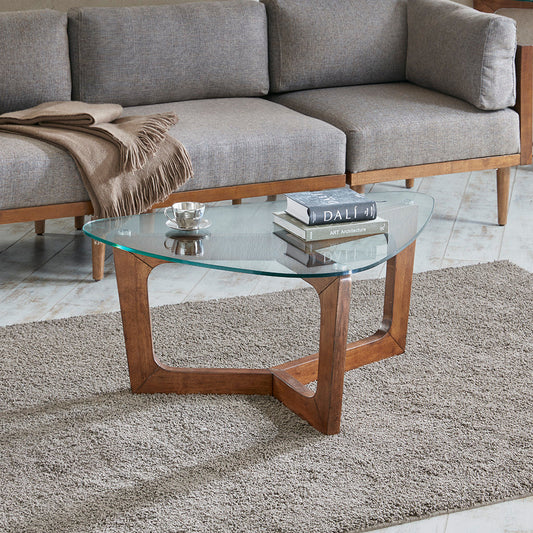 Tempered Glass Top Coffee Table with Pecan Wood Base