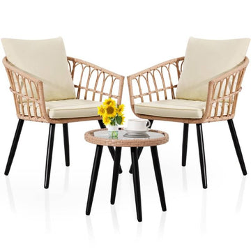 3-Piece Wicker Bistro Set with Cushions, Beige