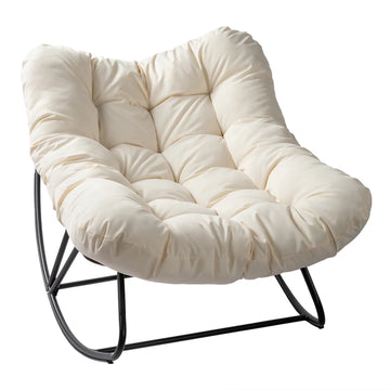 Oversized Papasan Rocking Chair, Brown Wicker & Beige Cushion