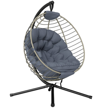 PE Rattan Swing Chair with Stand — Foldable, Thick Cushion, Grey
