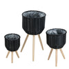 Set of 3 Black Woven Rattan Basket Planters on Wood Legs