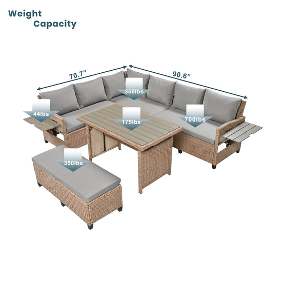 Rattan L-Shaped Patio Sectional — 5-piece outdoor wicker sectional sofa set with cushions