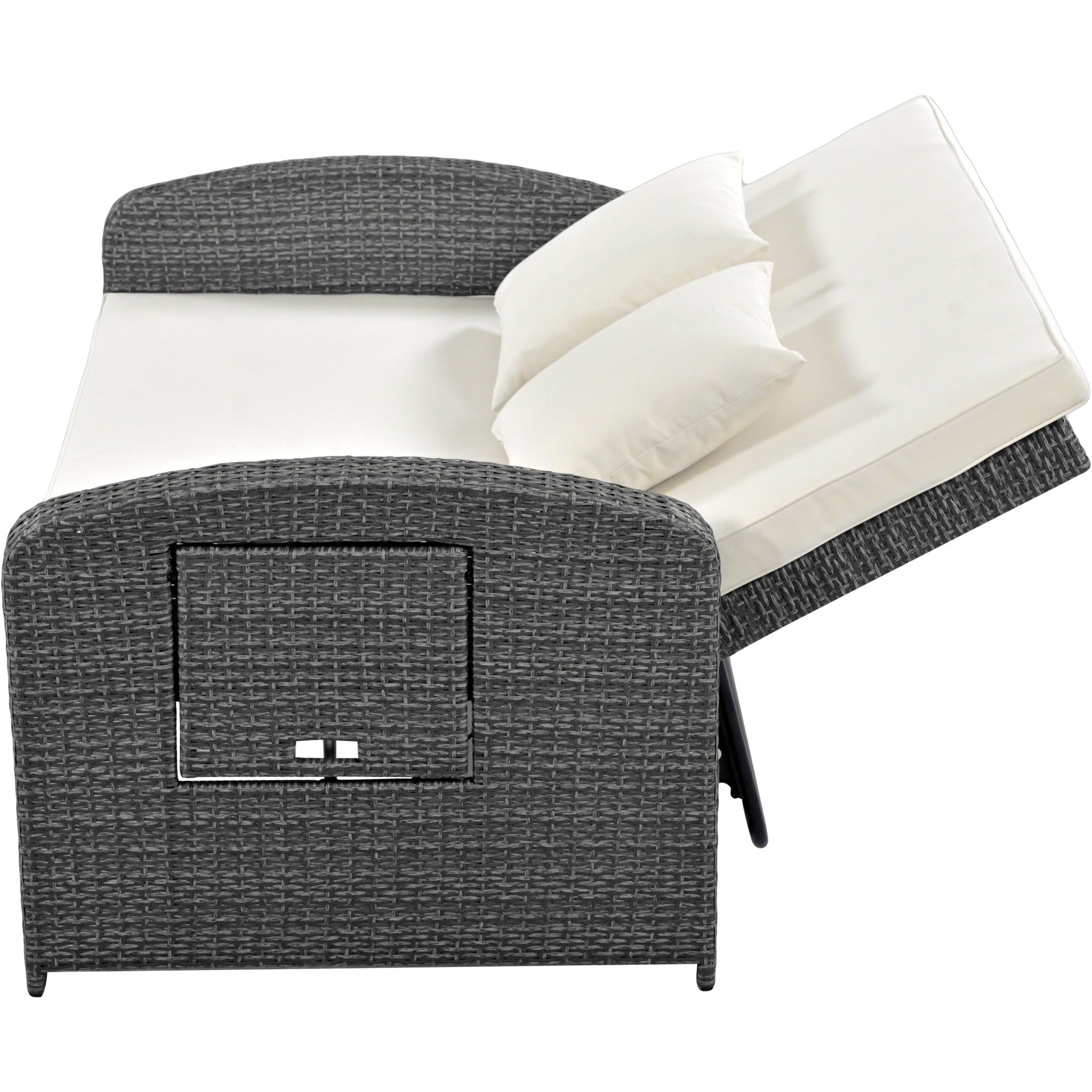 Wicker Double Chaise Lounge — two-person reclining wicker loungers with cushions and middle table