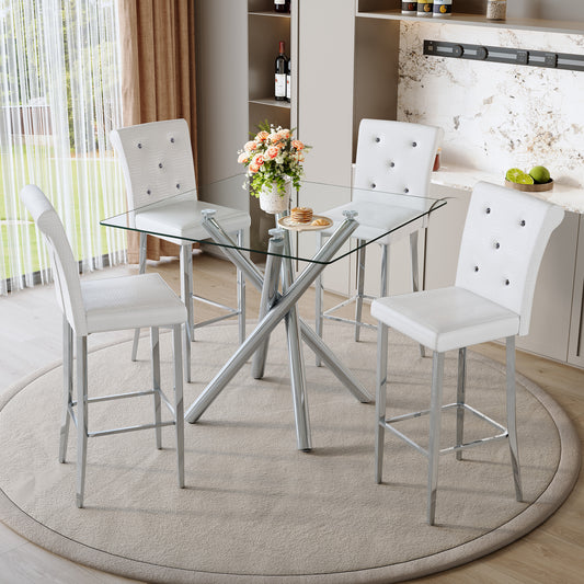 Glass-Top Bar Table & 2 White PU Leather Stools