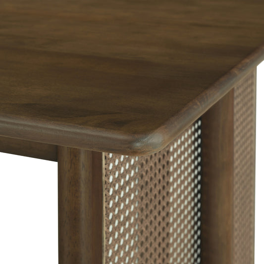 Walnut Rubberwood Dining Table with Rattan Accents, Seats 6