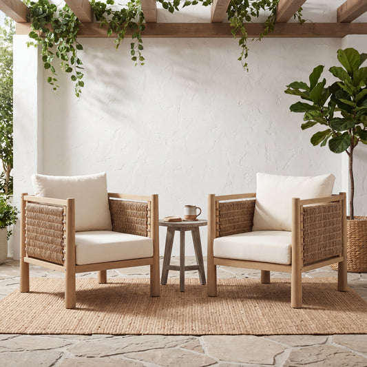 Set of 2 Acacia Wood Patio Armchairs with Cushions
