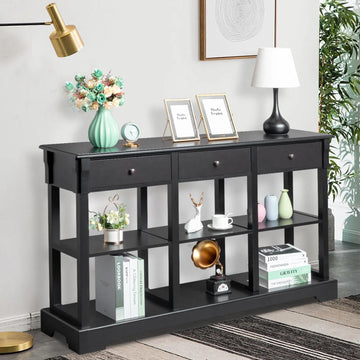 Retro Console Table with 3 Drawers and Open Shelves, Black
