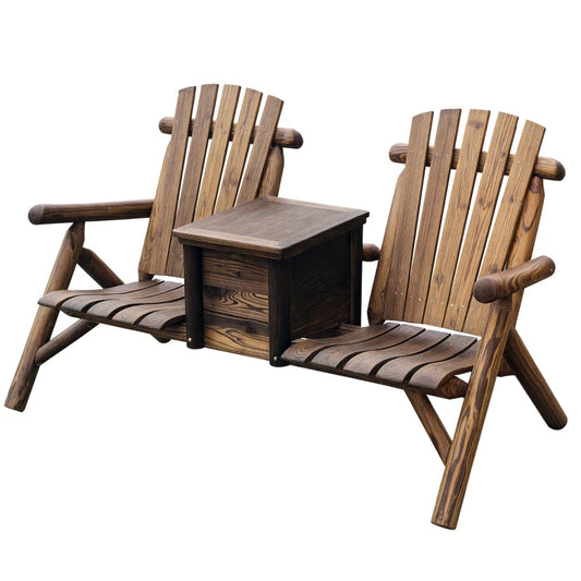 Double Adirondack Loveseat with Built-In Ice Bucket, Rustic Brown
