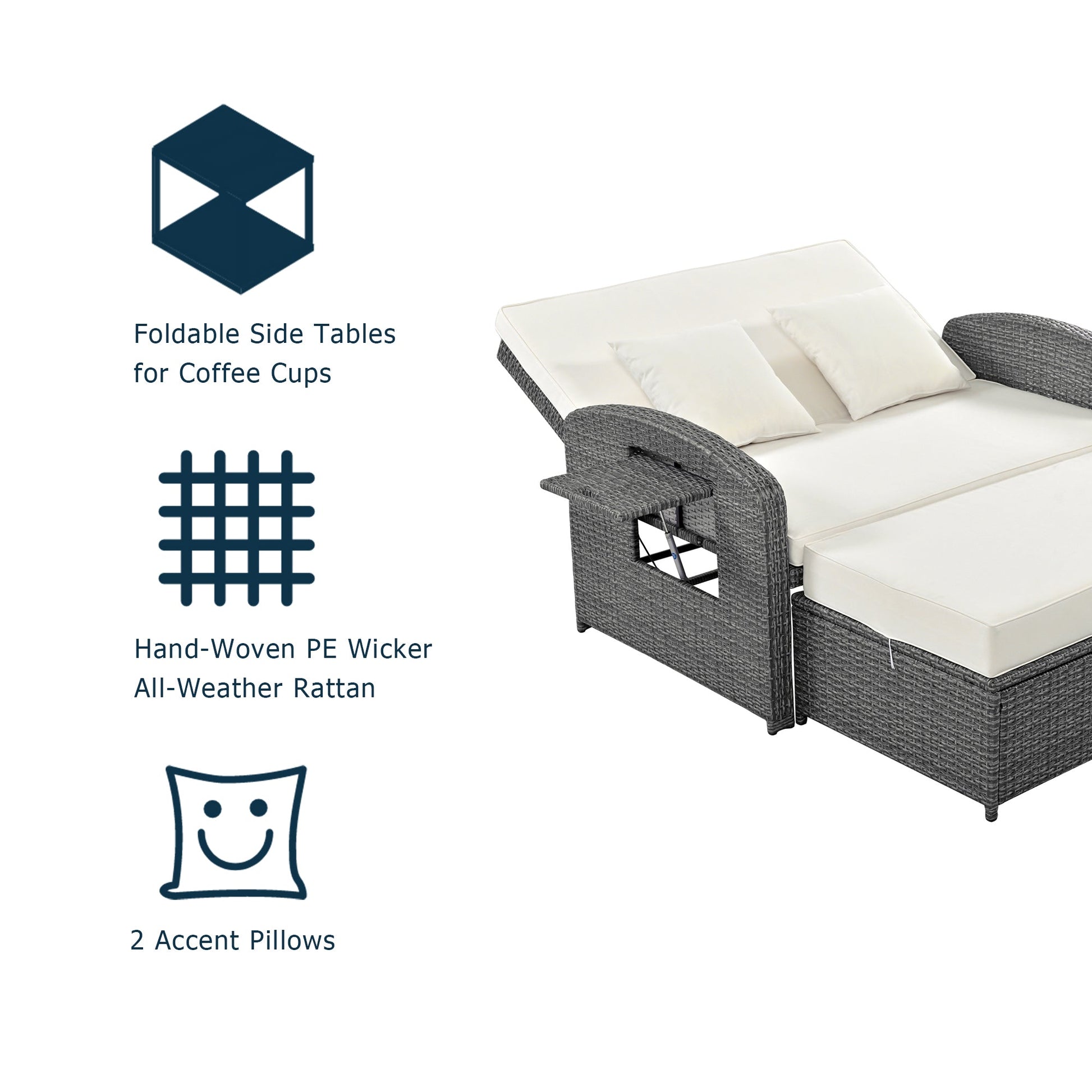 Wicker Double Chaise Lounge — two-person reclining wicker loungers with cushions and middle table