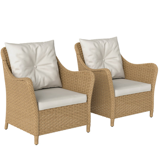Rattan Garden Armchair Set of 2 — High Back, Beige Cushions