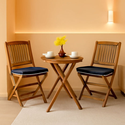 Patio Bistro Set With Wood Table And Navy Cushioned Chairs