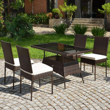 5-Piece Wicker Patio Dining Set with Tempered Glass Table