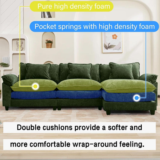 Green chenille 120-inch cloud L-shaped sectional with ottoman, detail view 2