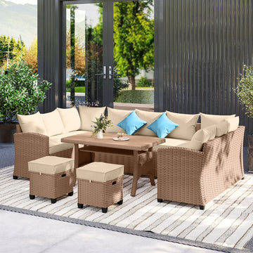 PE Wicker Outdoor Sectional Set — 6 Piece, Seats 9, Khaki
