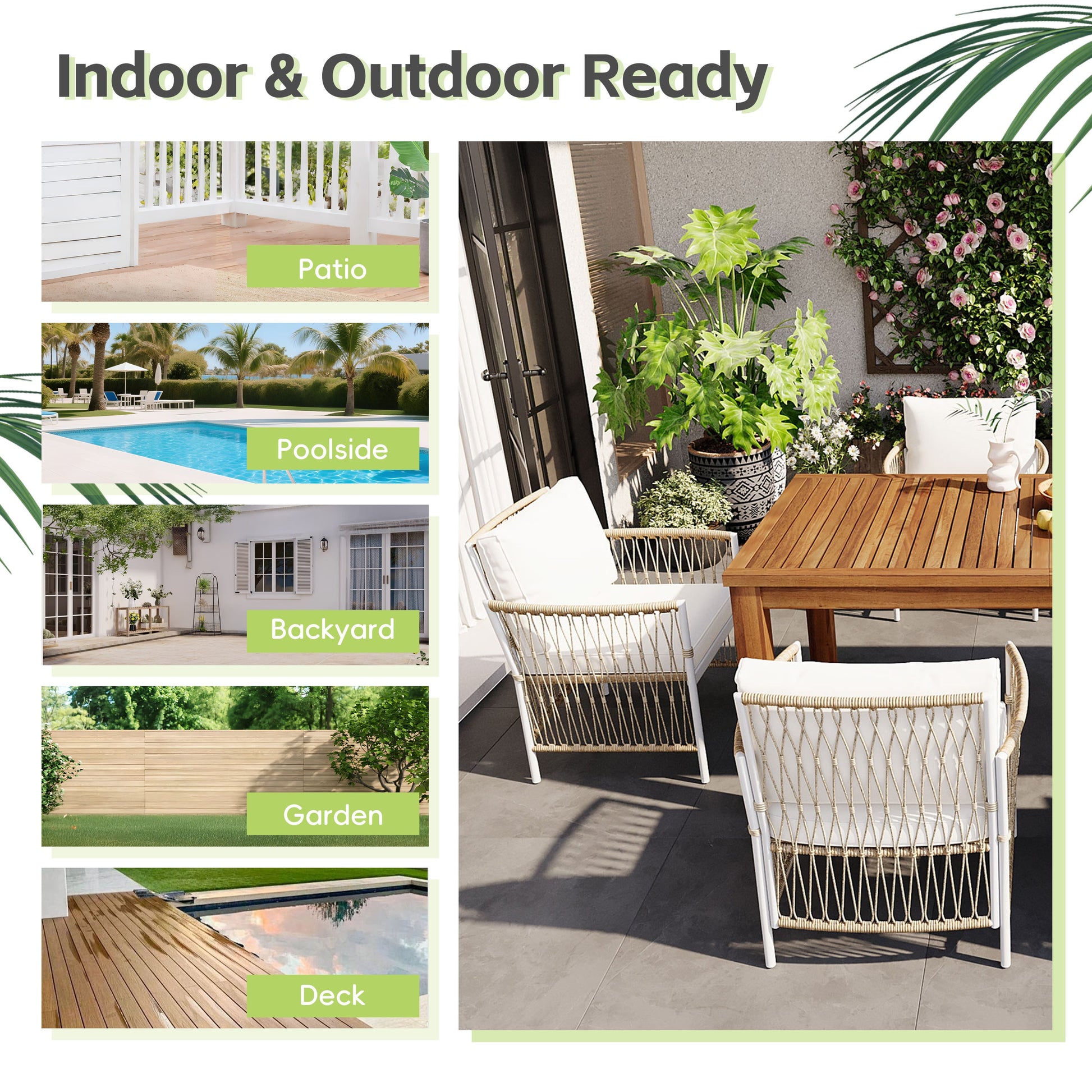 Acacia Outdoor Dining Set — 5-piece with 67-inch acacia wood table and four cushioned rattan chairs