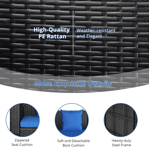 Black Rattan Hanging Swing Chair with Blue Cushions