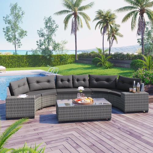 8-Piece Outdoor Wicker Sectional Sofa Set, Gray with Cushions