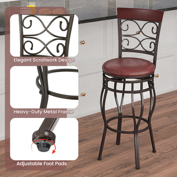 Swivel Bar Stools with Padded Leather Seat, Set of 2 - Brown