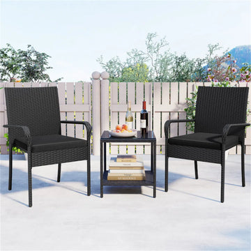3-Piece PE Wicker Bistro Set with 2-Tier Glass Side Table, Black