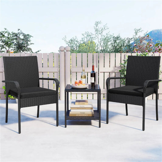 3-Piece PE Wicker Bistro Set with 2-Tier Glass Side Table, Black
