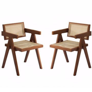 Rattan & Walnut Wood Lounge Chair, Set of 2