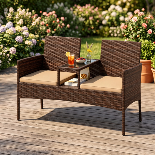 2-Seat PE Wicker Patio Loveseat Set with Storage Coffee Table