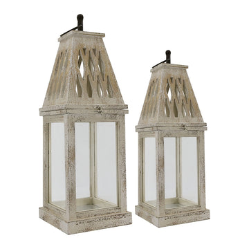Set of 2 Rustic White French Country Wood & Glass Lanterns