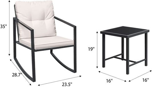 Beige 3-Piece Rocking Wicker Bistro Set with Glass Table