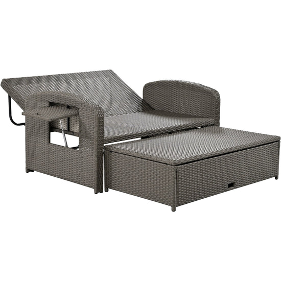 Wicker Double Chaise Lounge — two-person reclining wicker loungers with cushions and middle table