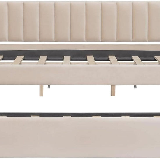 Full Sized Velvet Beige Upholstered Daybed Trundle-3