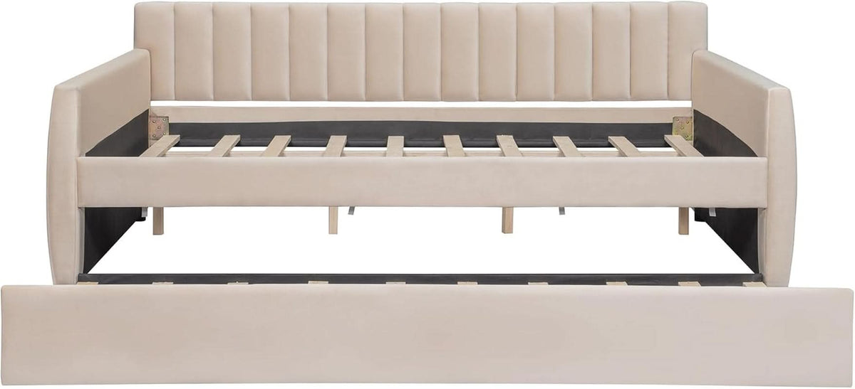 Full Sized Velvet Beige Upholstered Daybed Trundle-3