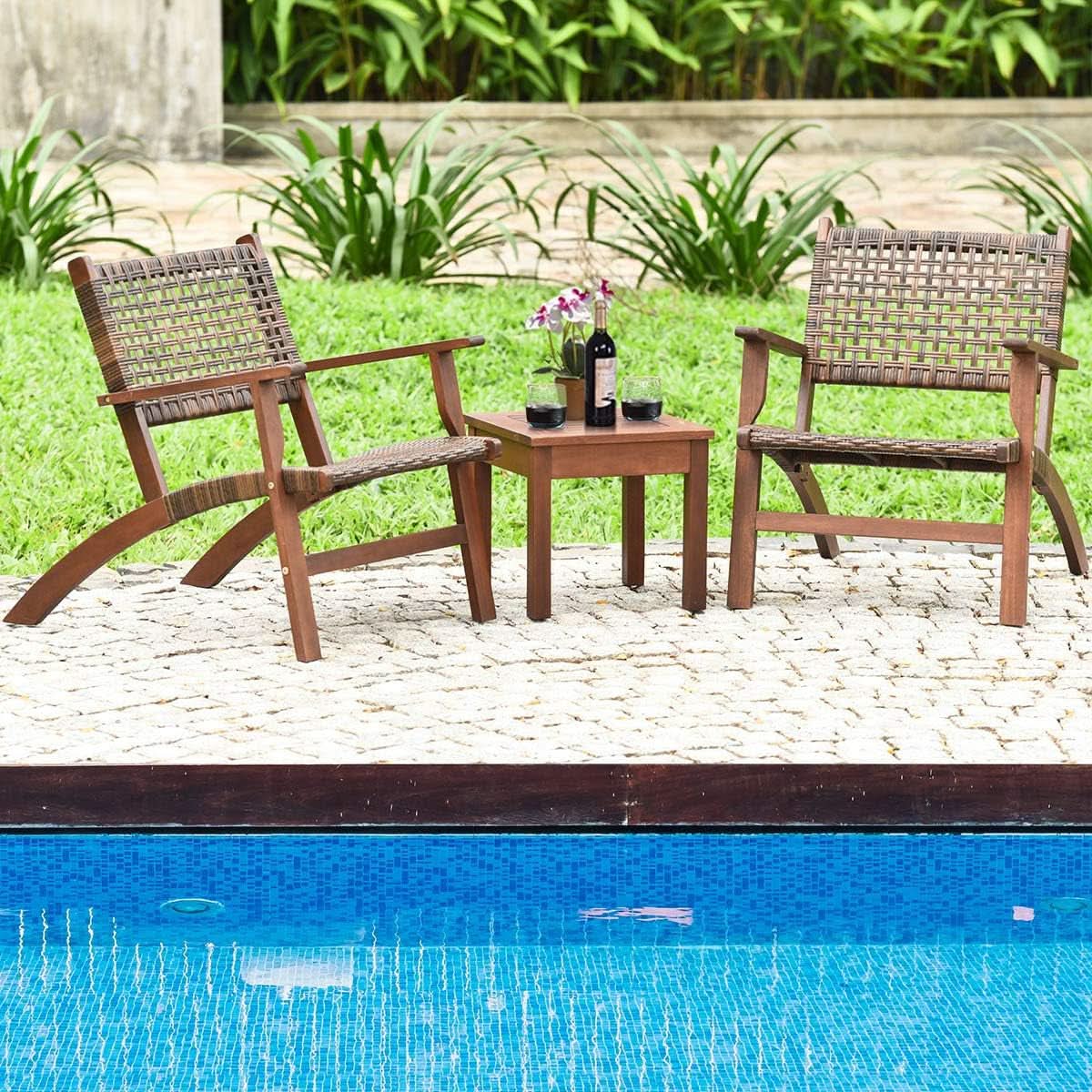 3 Piece Patio Conversation Set With Solid Eucalyptus Wood Frame And Brown Rattan Wicker-1
