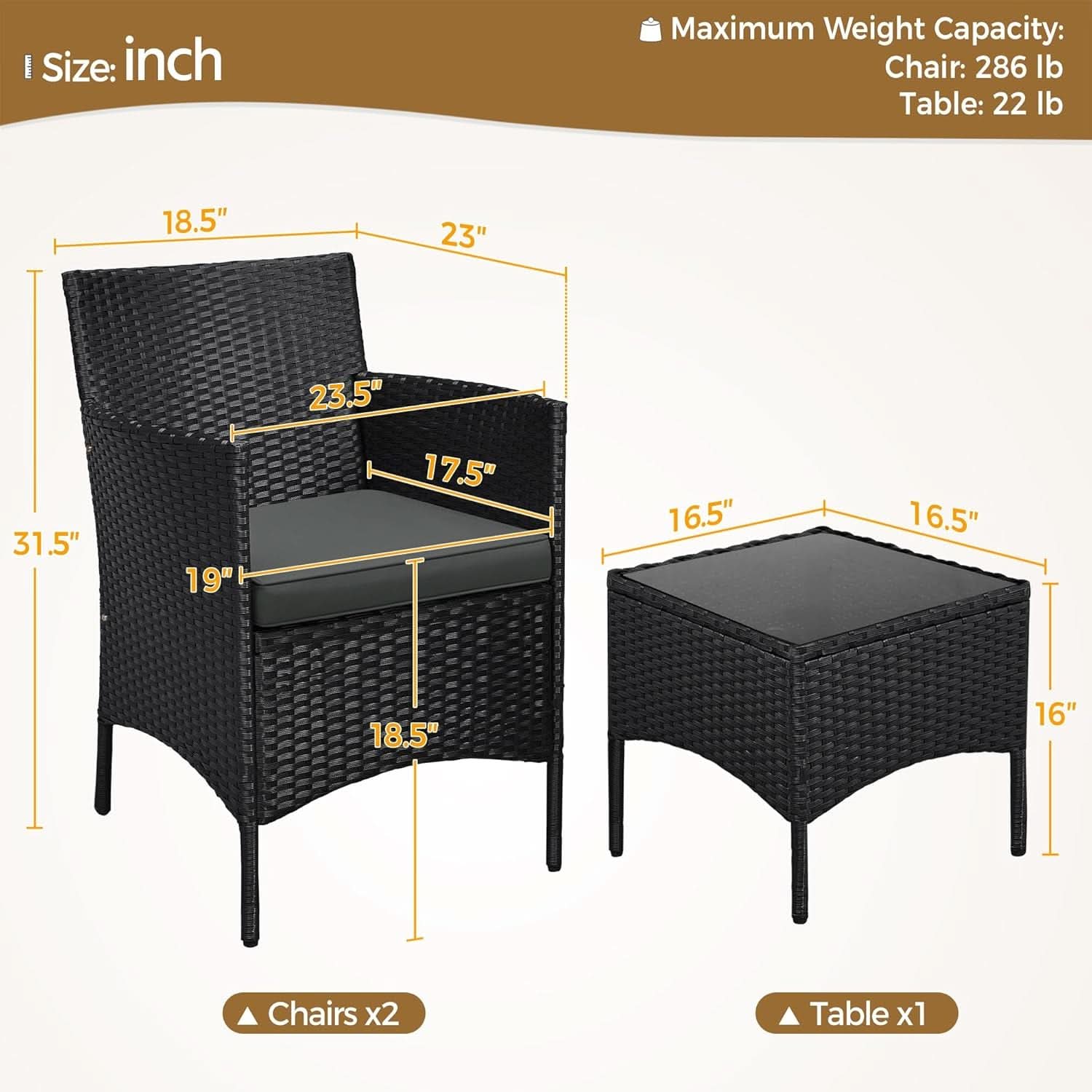 3 Piece Outdoor PE Rattan Wicker Patio Furniture Set With Soft Cushions And Glass Coffee Table-3