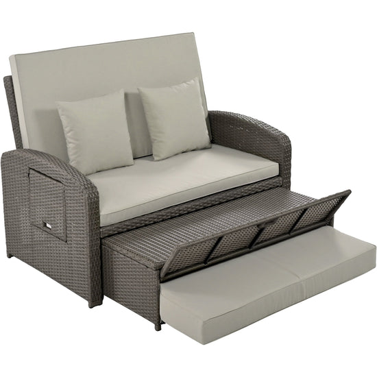 Wicker Double Chaise Lounge — two-person reclining wicker loungers with cushions and middle table