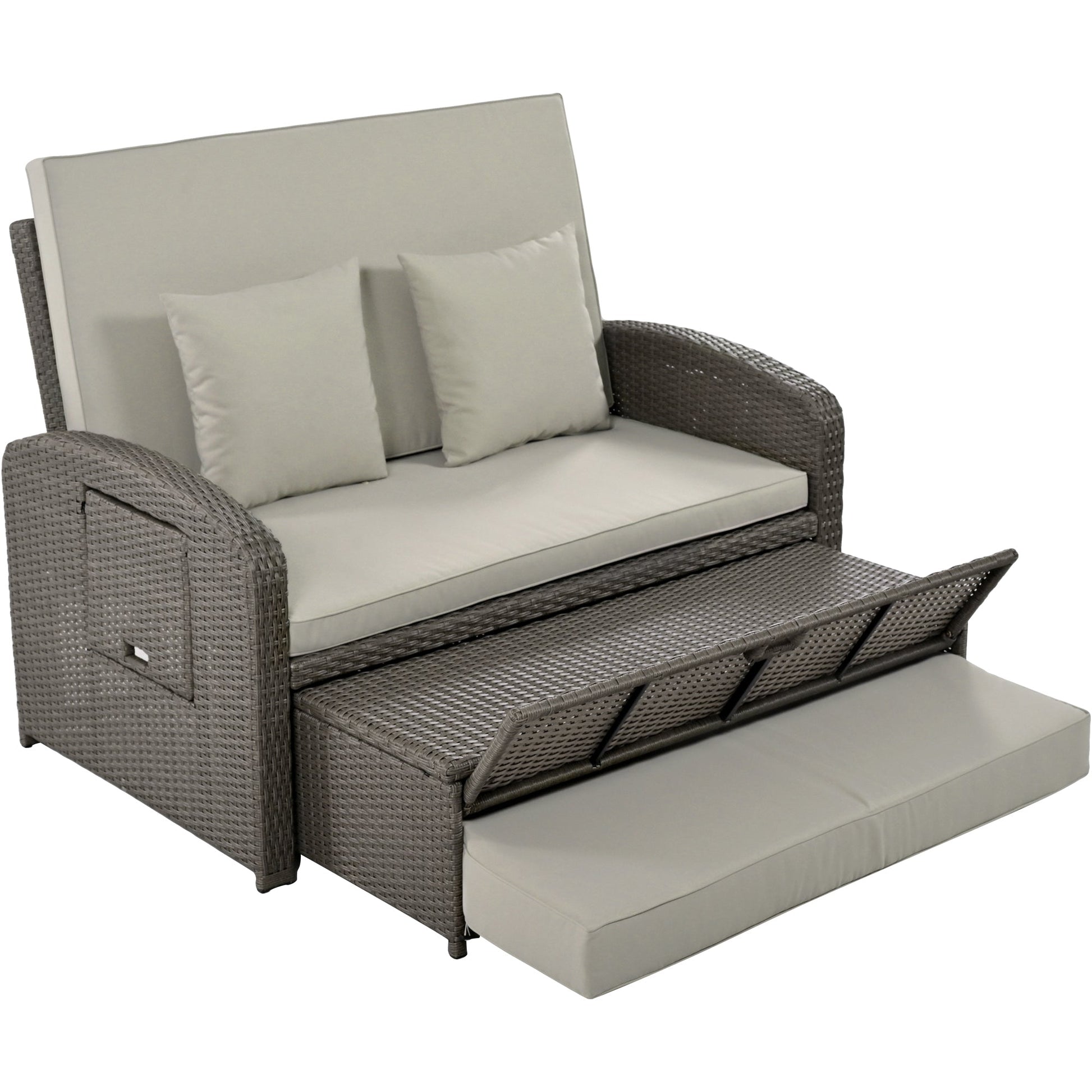 Wicker Double Chaise Lounge — two-person reclining wicker loungers with cushions and middle table